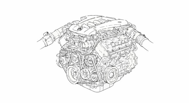 Detailed line drawing of an internal combustion engine with pulleys and belts