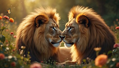 Obraz premium Two lions nuzzle noses in a sunny meadow filled with flowers. A butterfly flutters nearby. Majestic animals share a tender moment in nature.