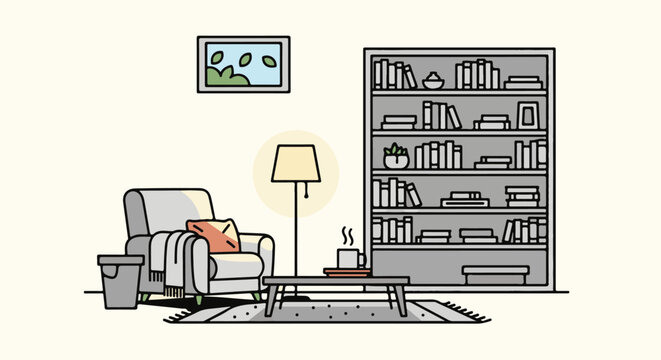 Cozy minimalist living room with armchair, coffee table, and bookshelf