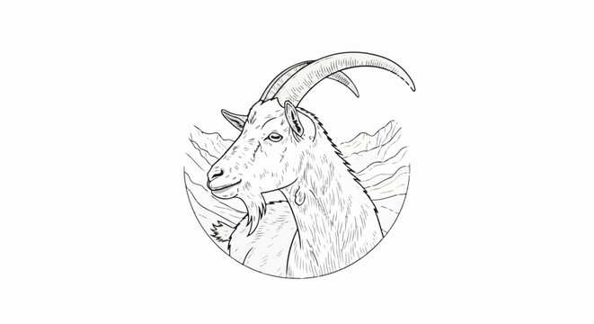 Detailed sketch of an ibex head with majestic horns against mountain backdrop