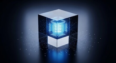 Fototapeta premium Abstract geometric cube with glowing blue energy core and particles, representing data processing, artificial intelligence, and future technology