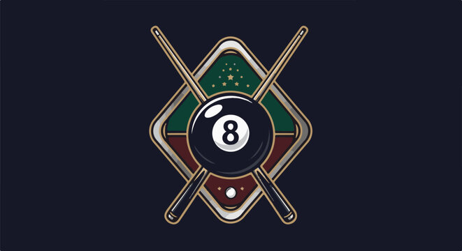 Crossed billiard cues and the number 8 ball on a stylized table