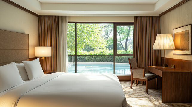 Bright hotel room with large bed wooden furniture pool view sunlight cozy atmosphere modern decor relaxing vacation window