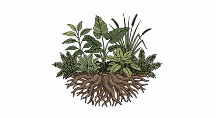 Fototapeta premium Detailed illustration of a diverse collection of lush green plants with exposed, intricate root systems