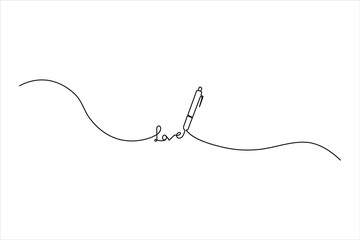 Obraz premium Minimalist one-line art of a pen writing the word love. Elegant vector illustration for romantic letters, wedding invitations, and creative writing.