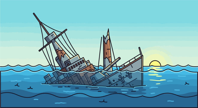 A cartoon illustration of a large shipwreck partially submerged in the ocean with the sun setting on the horizon.