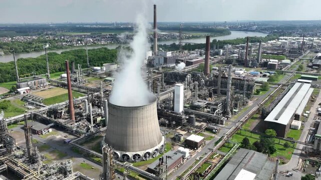 Aerial of BASF Ludwigshafen chemical plant and Rhine river Germany.  due to world wide demand of oil and gas , the demand is increasing and price are increasing. 