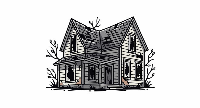Dilapidated old house with broken windows and damaged roof