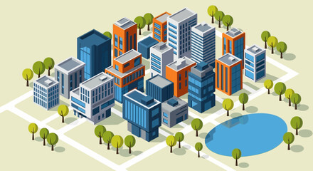 Obraz premium Isometric Modern City Vector Illustration with Skyscrapers, Green Parks, and Lake for Urban Planning and Real Estate Concepts