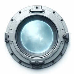 Fototapeta premium Round futuristic metal porthole window on white background shows view of stars and clouds in outer space. Spacecraft portal for deep cosmic exploration journey.