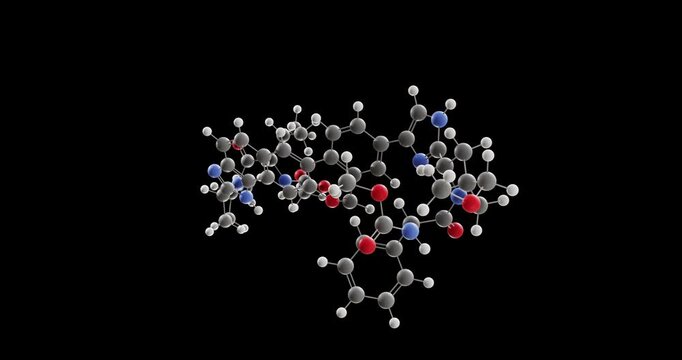 Velpatasvir molecule, rotating 3D model of ns5a inhibitor, looped video on a black background
