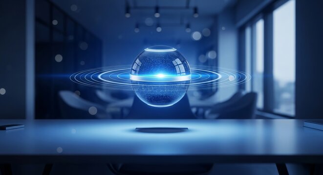 Sphere glows with blue concentric rings hovering above a clean office desk surface in a modern corporate workspace.