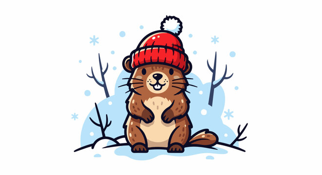 Cute cartoon groundhog wearing a red knit hat in a snowy landscape