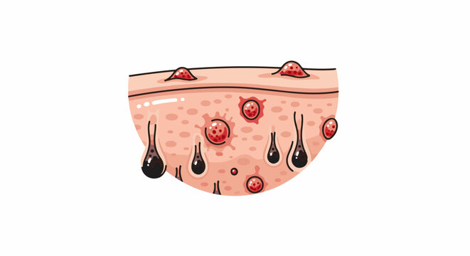 Close-up of cartoon skin with red bumps and black oil droplets
