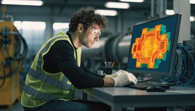 Medium shot of a technician analyzing AIoptimized die design on a computer screen to improve flow balance and reduce material scrap in manufacturing.