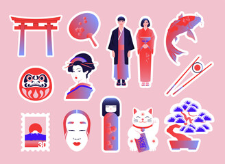 Modern flat vector sticker pack of traditional Japanese cultural elements designed with vibrant gradients and white outlines. Perfect for travel, Asian heritage, scrapbooking, trendy UI and UX project