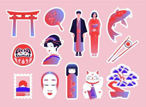 Modern flat vector sticker pack of traditional Japanese cultural elements designed with vibrant gradients and white outlines. Perfect for travel, Asian heritage, scrapbooking, trendy UI and UX project