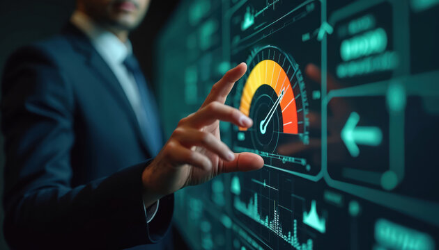 Man in suit uses futuristic screen with risk meter showing high level. Analytics display with charts, graphs, and data. Tech interface for business planning.