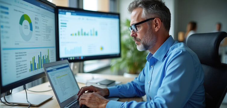 Mature man in blue shirt checks charts on computer screens. He works in office analyzing business data on laptop and desktop monitors. Uses CRM software for sales.