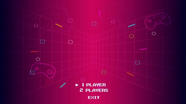 Start new game, retro cyberpunk style 80s game scene pixel art 8-bit sci-fi background. glowing neon grid and stars from vintage arcade computer games.