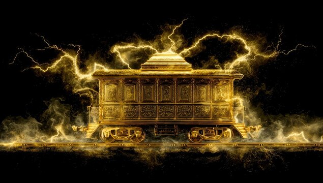 Ornate gold ark on tracks emits glowing lightning bolts