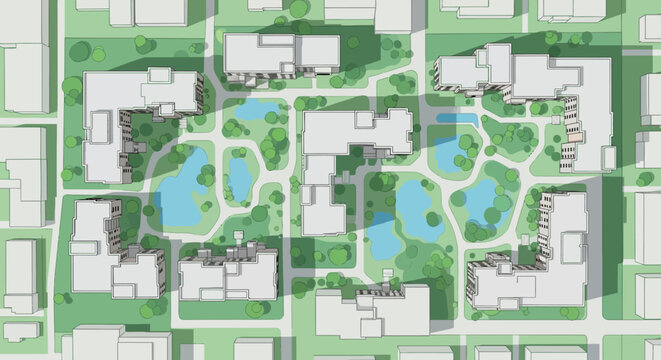 Aerial Top View of a Sustainable Modern Residential Urban Planning Project with Green Spaces and Water Features