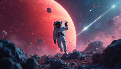 Fototapeta premium Astronaut on rocky planet surface waves hello. Giant red planet and bright nebula visible in space. Asteroids float around celestial body in deep cosmos.