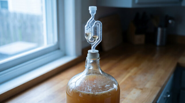Close-up of a fermenter bottle with an airlock releasing gas during the fermentation process