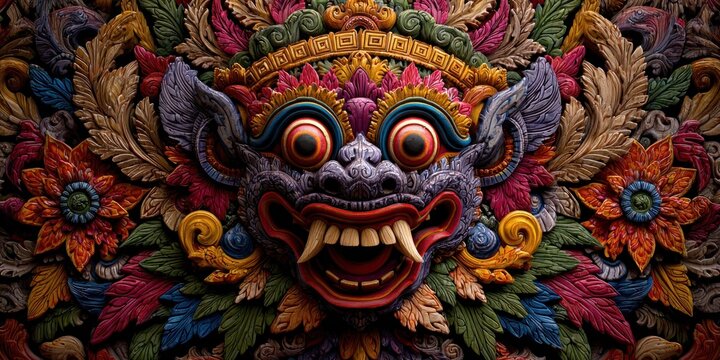 Intricate balinese mask depiction with vibrant colors and detailed carvings
