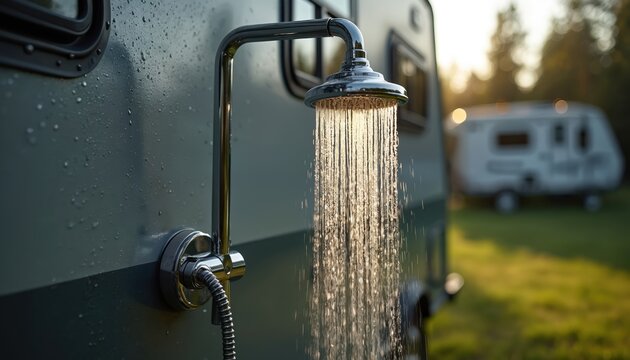 Outdoor RV shower sprays water next to camper van. Water streams from chrome shower head onto caravan exterior. Second trailer park in background at sunny campsite.