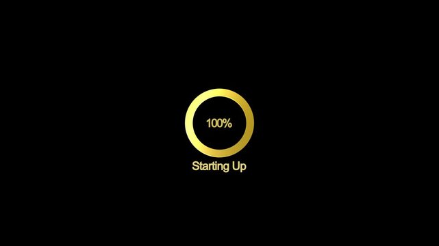 Modern circular loading animation with 0 to 100 progress showing preparing, system loading, booting and starting up in a minimal UI with golden ring.