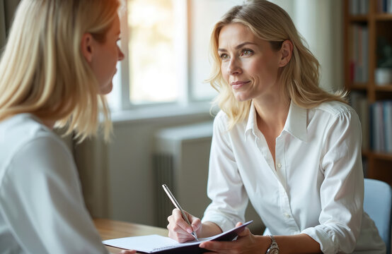 Pro woman talks to client in office. Psychologist listens actively while taking notes, offering support and guidance. Mental health session helps patient.