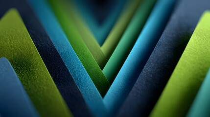 A close-up view of layered green and blue geometric shapes