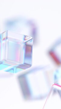 Glass cubes floating on a white background, vertical 4k seamless loop 3d animation