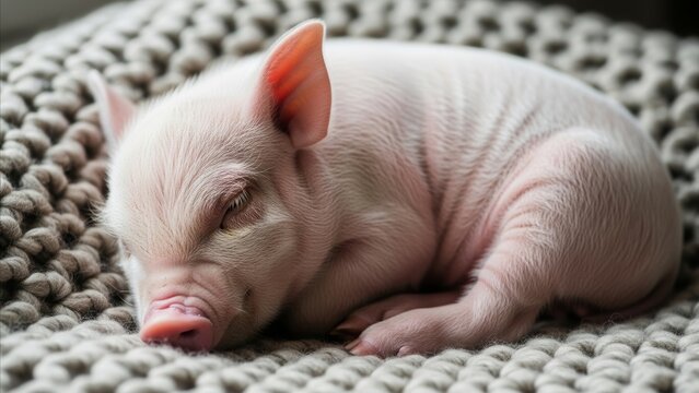 Animal - Newborn Baby Piglet Sleeping Curled Up on Soft Knit Blanket in Peaceful Resting Pose