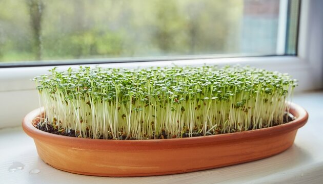 Growing sprouts at home. Garden cress sprouts, Lepidium sativum, growing in a flat clay vessel on the kitchen windowsill.  Some of the kitchen stuff is visible. free space for additional content.