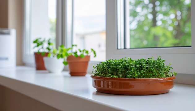 Garden cress sprouts growing in a flat clay bowl on the kitchen windowsill. In the background, other potted plants are visible.