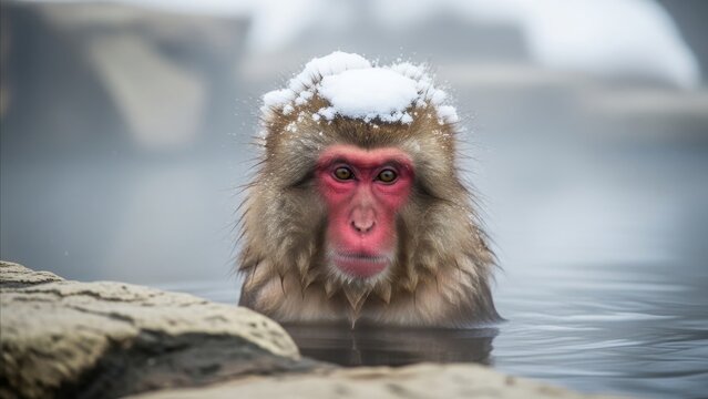 Japanese snow monkey macaque soaking in hot spring water with red face and snow on head during winter bathing ritual