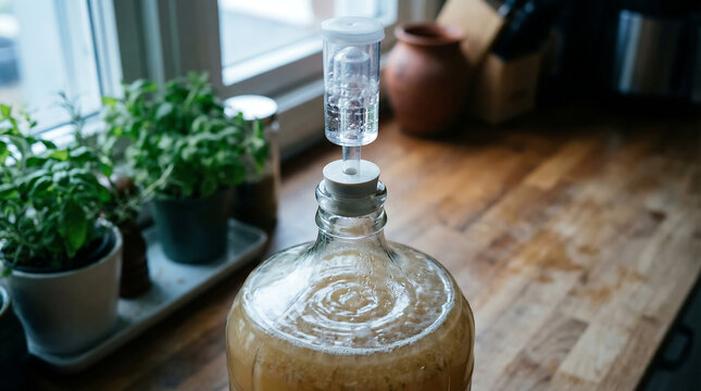 Close-up view of a glass bottle undergoing fermentation with a clear airlock system releasing gas