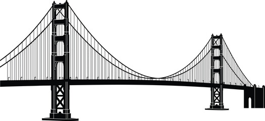 Obraz premium Golden Gate Bridge silhouette featuring iconic San Francisco suspension bridge landmark isolated on light background for travel design, transportation illustration and architecture graphics