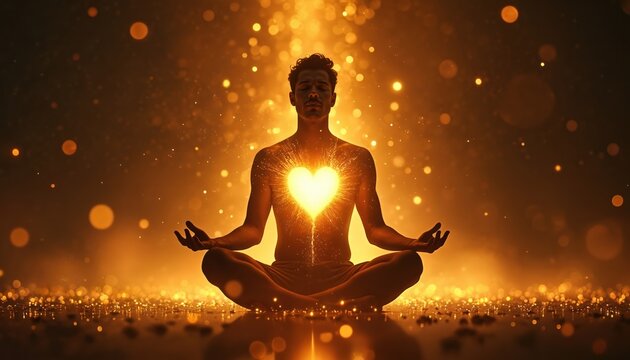 Man meditates in lotus pose. Glowing heart radiates golden energy from chest. Light particles float around him in dark space. Inner peace and spiritual awakening.