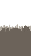 Fototapeta premium A minimalist silhouette of a city skyline against a stark white background, featuring a dense arrangement of buildings in varying heights and shapes.