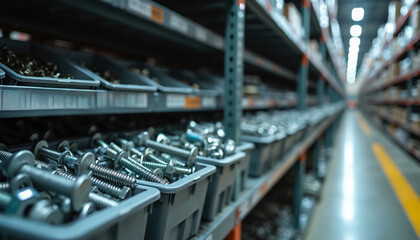 Naklejka premium Metal bolts, nuts, screws, and washers are neatly organized in plastic bins on shelves in warehouse. Rows of storage racks filled with fasteners extend into distance down aisle. Industrial supply.