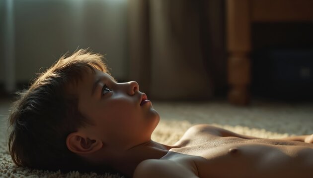 Young boy with bare chest lies on carpet, looking up thoughtfully. Sunlight streams across his face. He contemplates a past or future sports game.