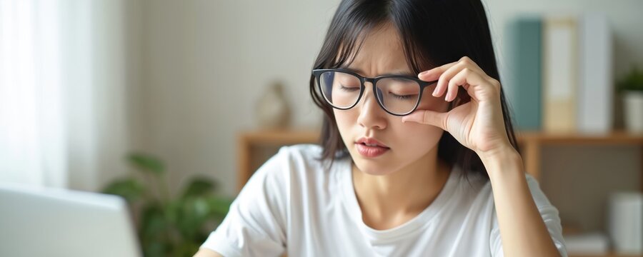 Young asian woman rubs sore eyes while wearing glasses. Eyesight strain from computer work causes pain and fatigue. She needs relief for her tired eyes.