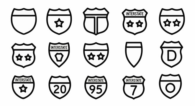 Collection of diverse outline highway signs with stars, numbers, and shields