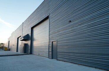 Fototapeta premium Modern industrial warehouse exterior with large rolling door, small pedestrian entrance. Ribbed metal facade reflects soft sky light. Facility looks new, spacious, ready for business operations.