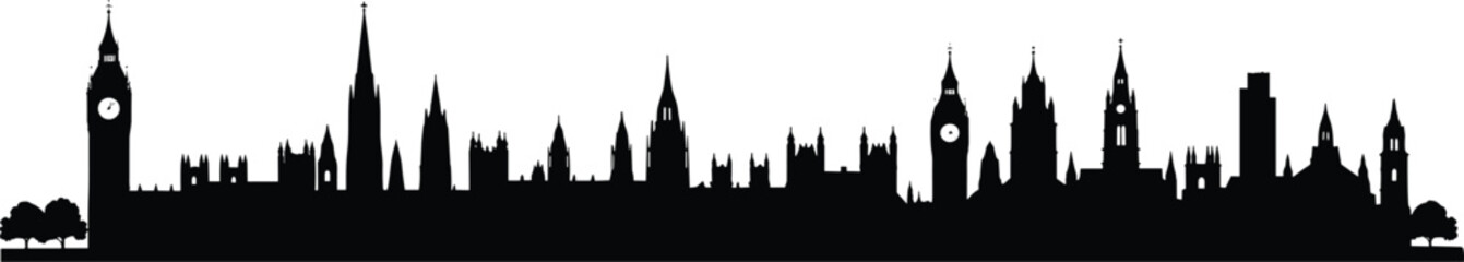Fototapeta premium London skyline silhouette featuring Big Ben, Parliament and historic buildings forming iconic United Kingdom cityscape isolated on light background for travel design