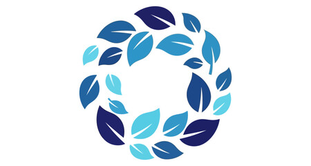 Fototapeta premium Circular Wreath of Blue Leaves Forming Abstract Shape on White Background