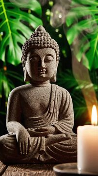 Stone Buddha statue on wooden table next to candle at VSRExport in a lush green setting